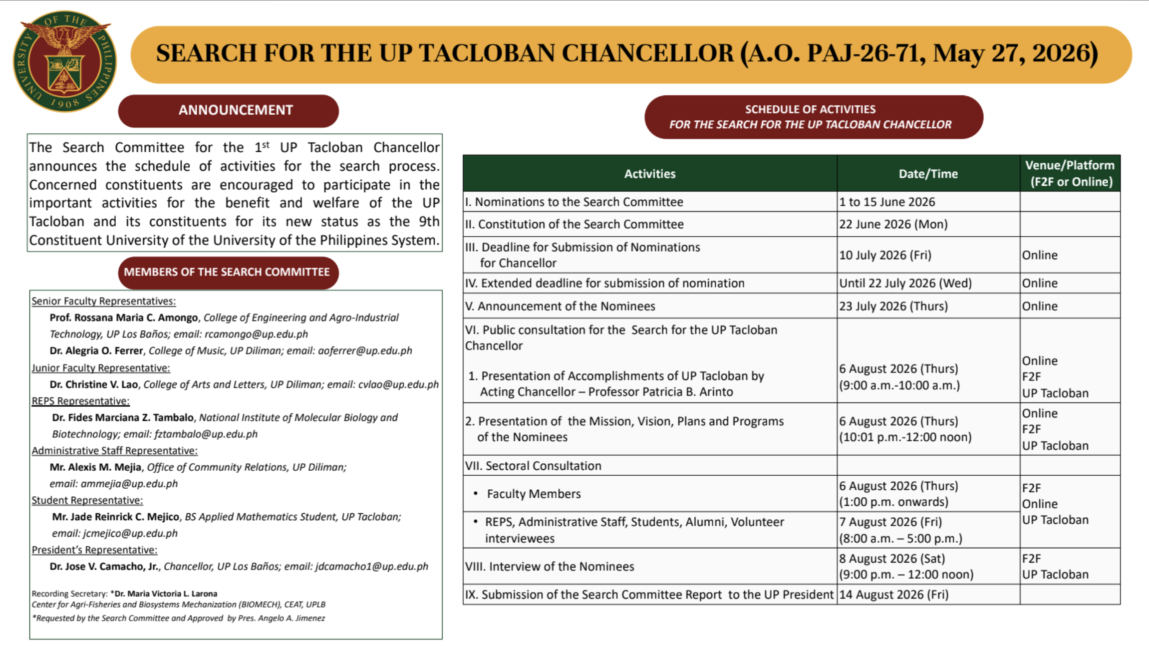 Schedule of Activities for the Search for UP Tacloban Chancellor
